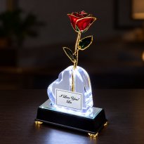 Illuminated 11" Trimmed 24k Gold Rose in Personalized Heart Vase